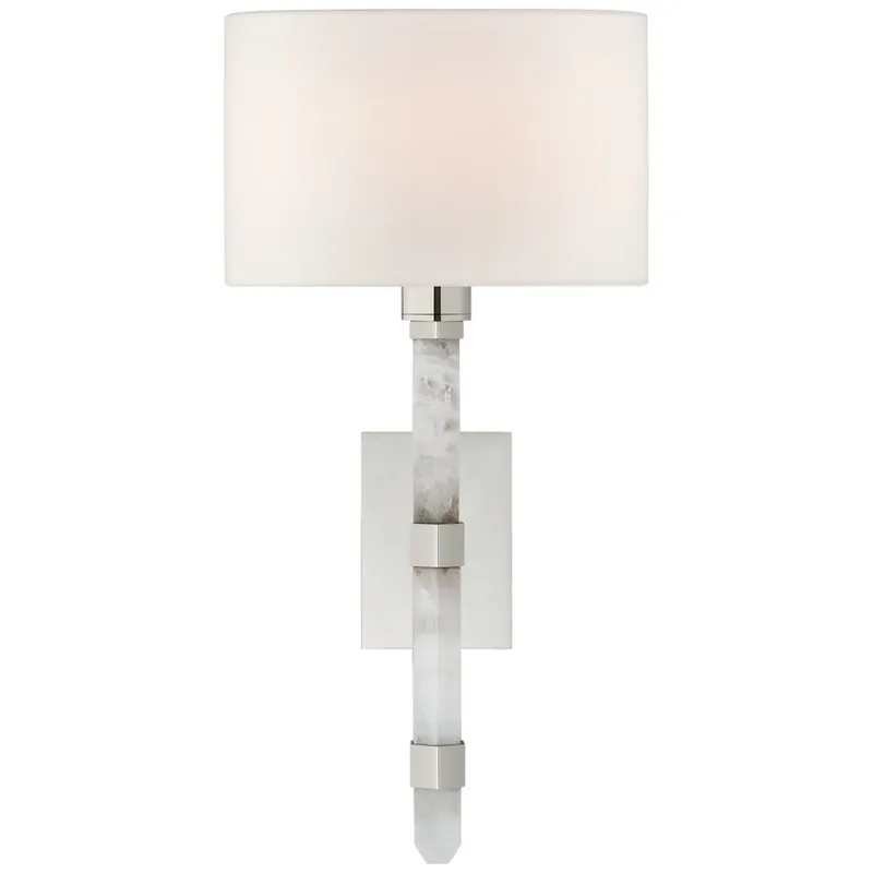 Suzanne Kasler Adaline Small Tail Sconce in Polished Nickel and Quartz with Linen Shade Wall Light W7.5" x H15"