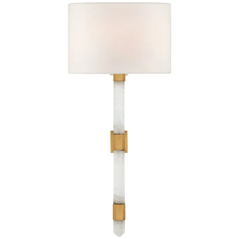 Suzanne Kasler Adaline Medium Tail Sconce in Antique-Burnished Brass and Quartz with Linen Shade Wall Light W10" x H22.25"