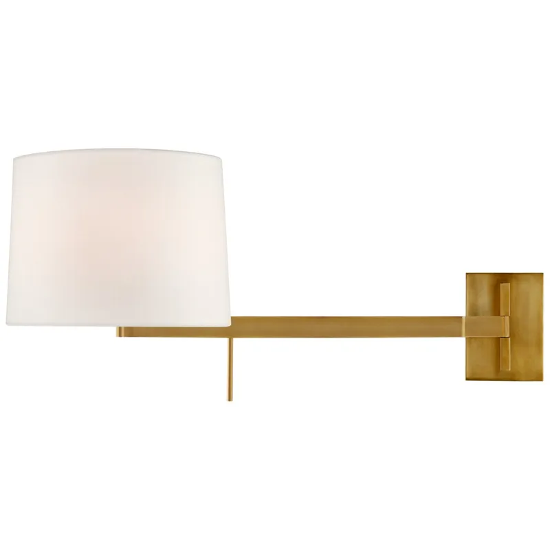 Barbara Barry Sweep Medium Right Articulating Sconce in Soft Brass with Linen Shade Wall Light W11.75" - 21" x H13"