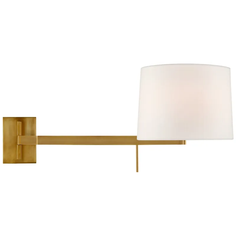 Barbara Barry Sweep Medium Left Articulating Sconce in Soft Brass with Linen Shade Wall Light W11.75" - 21" x H13"