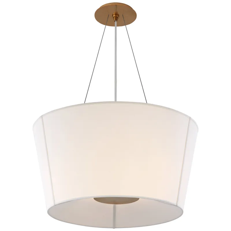 Barbara Barry Hoop Medium Inverted Hanging Shade in Soft Brass with Linen Shade Ceiling Light W26"