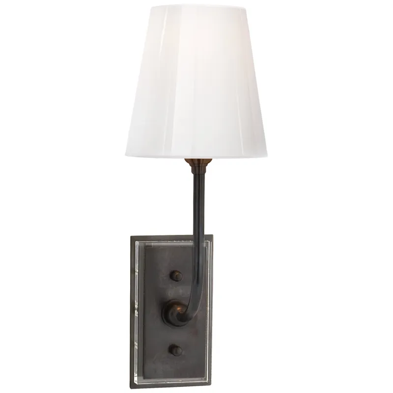 Thomas O'Brien Hulton Sconce in Bronze with Crystal Backplate and White Glass Shade Wall Light W5.5" x H17"