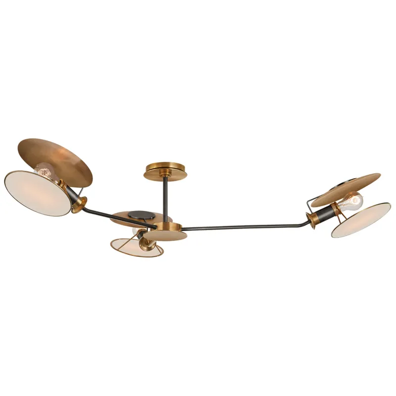 Thomas O'Brien Osiris Large Asymmetric Semi-Flush Mount in Bronze and Brass with Linen Diffusers Ceiling Light W47" x H9.5"