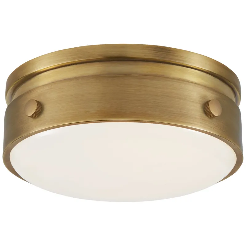 Thomas O'Brien Hicks 5.5" Solitaire Flush Mount in Hand-Rubbed Antique Brass with White Glass Ceiling Light W5.5" x H2.5"