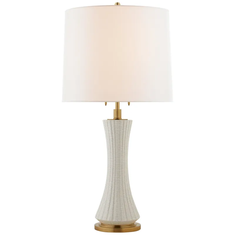Thomas O'Brien Elena Large Table Lamp in White Crackle with Linen Shade W16" x H31" - 33.5"