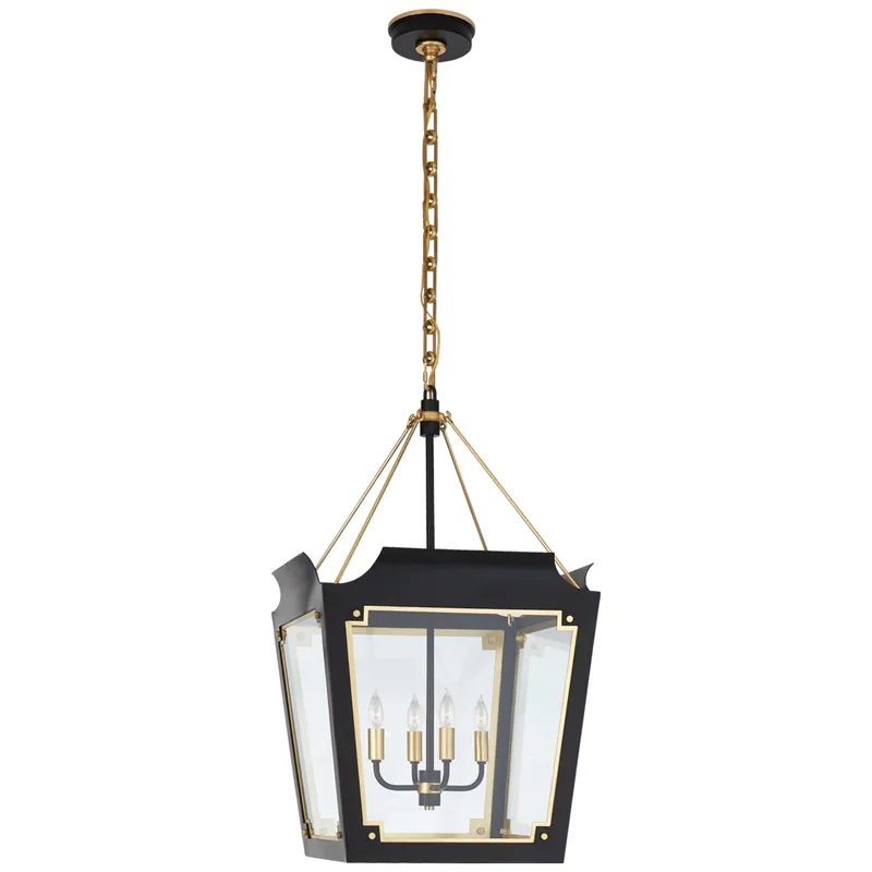 Julie Neill Caddo Medium Lantern in Matte Black and Gild with Clear Glass Ceiling Light W19" x H32"