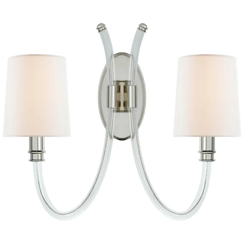 Julie Neill Clarice Double Sconce in Crystal and Polished Nickel with Linen Shades Wall Light W17.5" x H16"