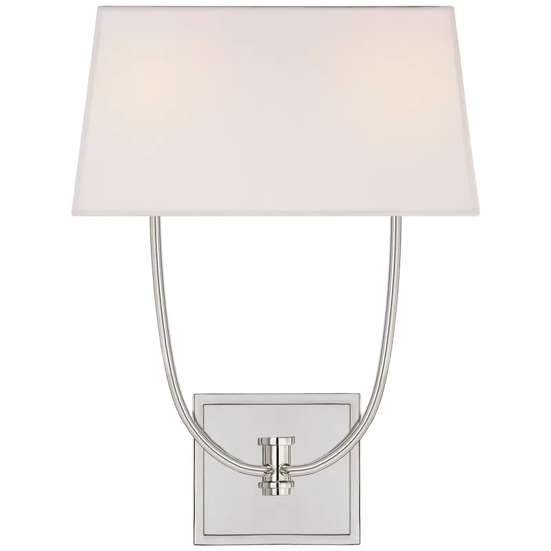 Chapman & Myers Venini Double Sconce in Polished Nickel with Linen Shade Wall Light W13.5" x H18"