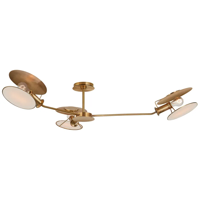 Thomas O'Brien Osiris Large Asymmetric Semi-Flush Mount in Hand-Rubbed Antique Brass with Linen Diffusers Ceiling Light W47" x H9.5"