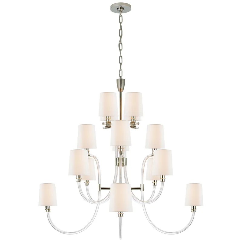 Julie Neill Clarice Large Chandelier in Clear Acrylic and Polished Nickel with Linen Shades Ceiling Light W44.25" x H40.75"