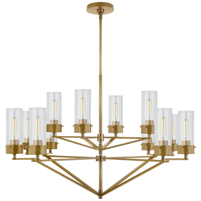 Thomas O'Brien Marais Large Chandelier in Hand-Rubbed Antique Brass with Clear Glass Ceiling Light W45"
