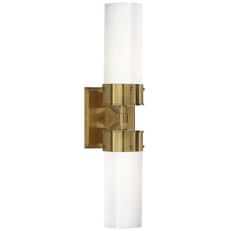 Thomas O'Brien Marais Large Double Bath Sconce in Hand-Rubbed Antique Brass with White Glass Wall Light W4.75" x H19.75"