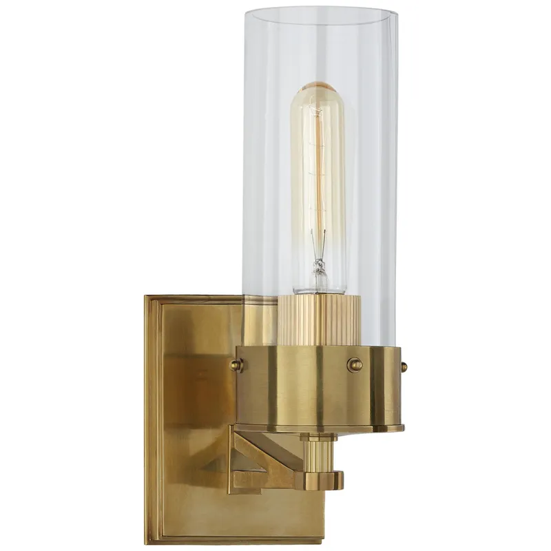 Thomas O'Brien Marais Medium Bath Sconce in Hand-Rubbed Antique Brass with Clear Glass Wall Light W4.25" x H11.25"