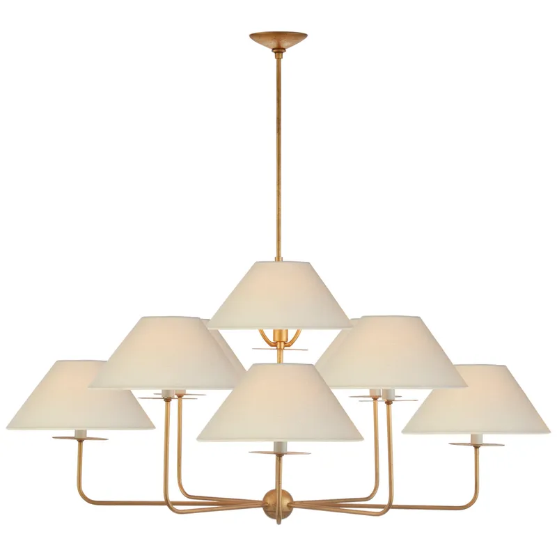 Niermann Weeks Kelley Large Chandelier in Gilded Iron with Linen Shades Ceiling Light W43.75"