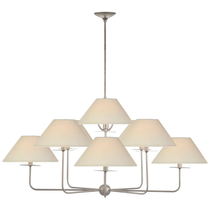 Niermann Weeks Kelley Large Chandelier in Burnished Silver Leaf with Linen Shades Ceiling Light W43.75"