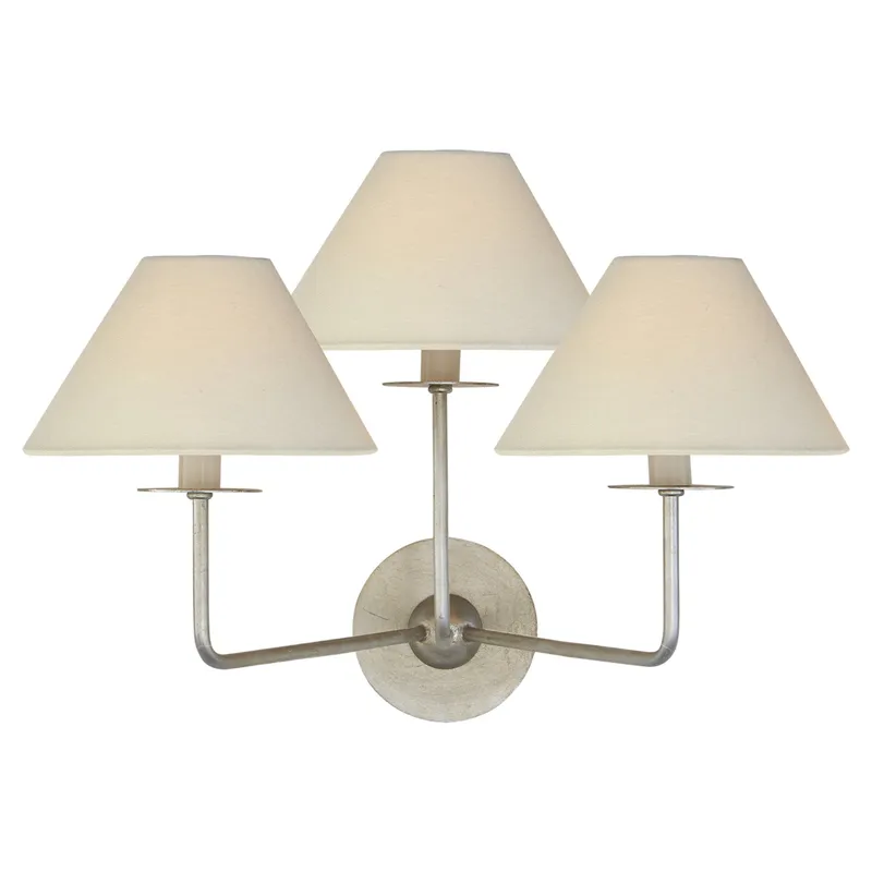 Niermann Weeks Kelley Medium Triple Sconce in Burnished Silver Leaf with Linen Shades Wall Light W19" x H14.25"
