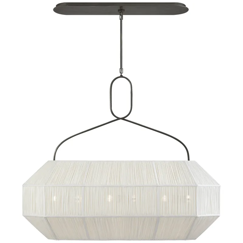 Kelly Wearstler Forza Medium Linear Lantern in Bronze with Gathered Linen Shade Ceiling Light W40"