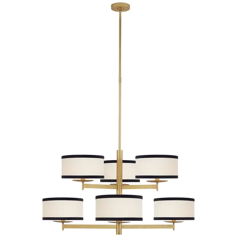 kate spade new york Walker Medium Two Tier Chandelier in Gild with Cream Linen Shades with Black Linen Trim Ceiling Light W37"