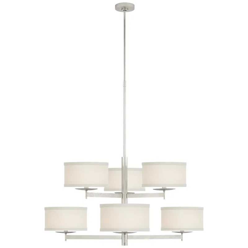 kate spade new york Walker Medium Two Tier Chandelier in Burnished Silver Leaf with Cream Linen Shades Ceiling Light W37"