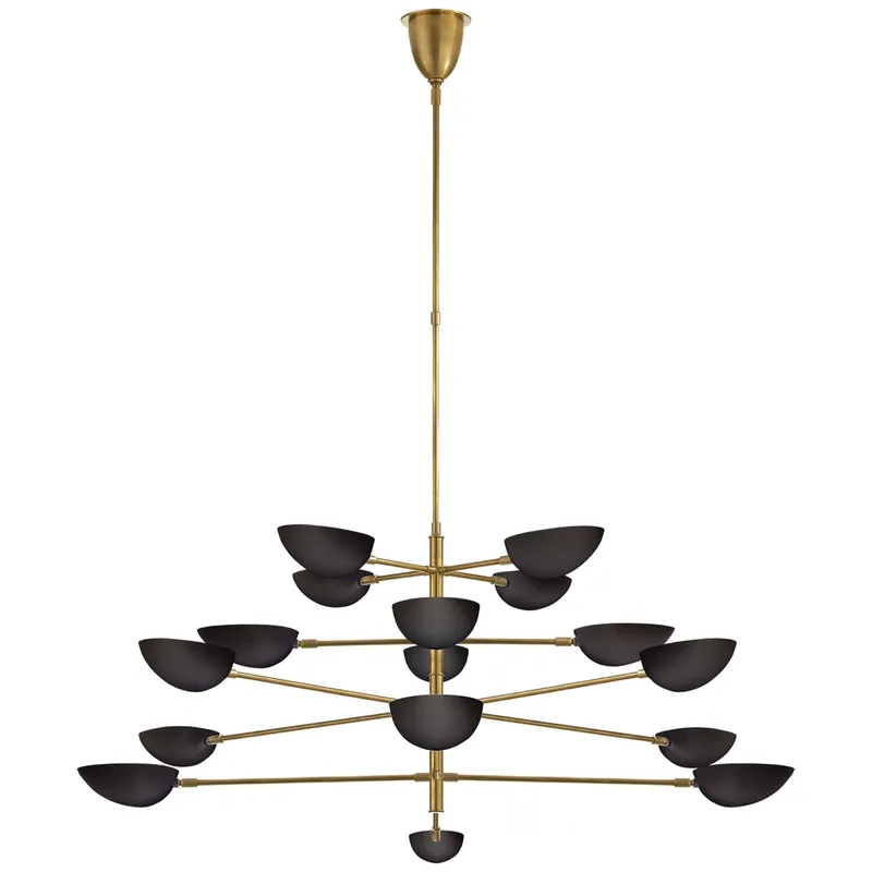AERIN Graphic Grande Four-Tier Chandelier in Hand-Rubbed Antique Brass with Black Shades Ceiling Light W69.5"