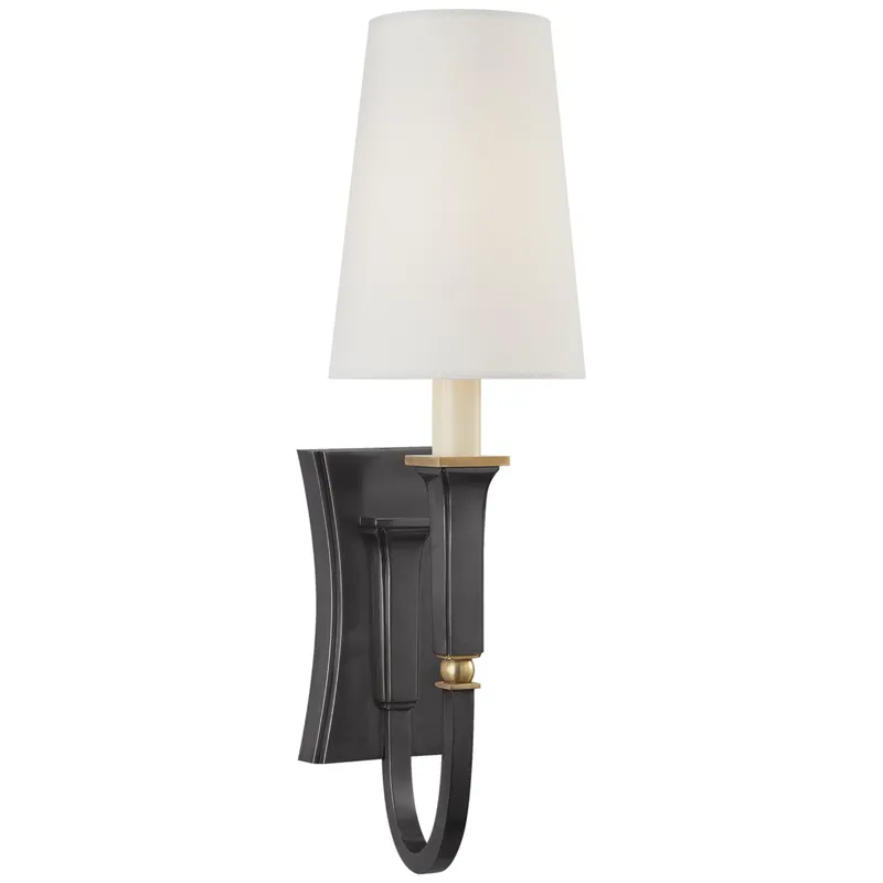 Thomas O'Brien Delphia Small Single Sconce in Bronze and Hand-Rubbed Antique Brass with Linen Shade Wall Light W5" x H17.25"