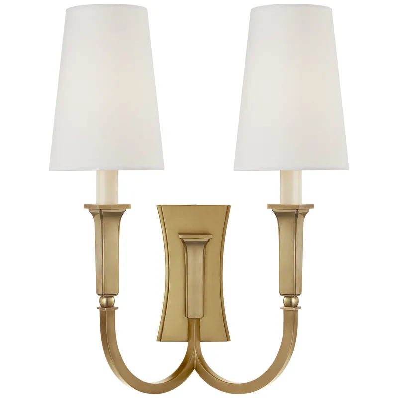 Thomas O'Brien Delphia Large Double Arm Sconce in Hand-Rubbed Antique Brass with Linen Shade Wall Light W12.5" x H17"