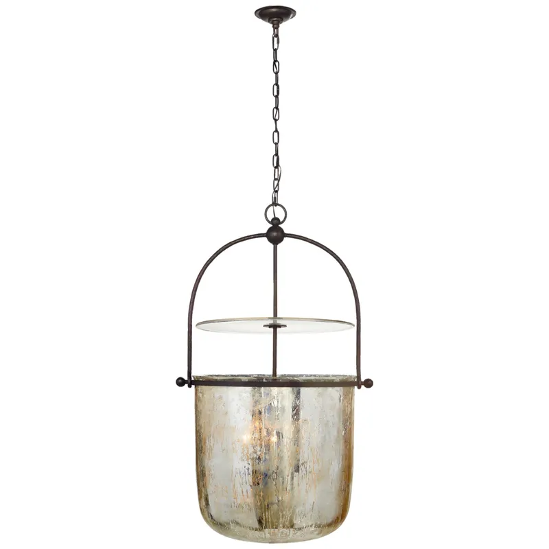 Chapman & Myers Lorford Large Smoke Bell Lantern in Aged Iron with Antiqued Mercury Glass Ceiling Light W25"