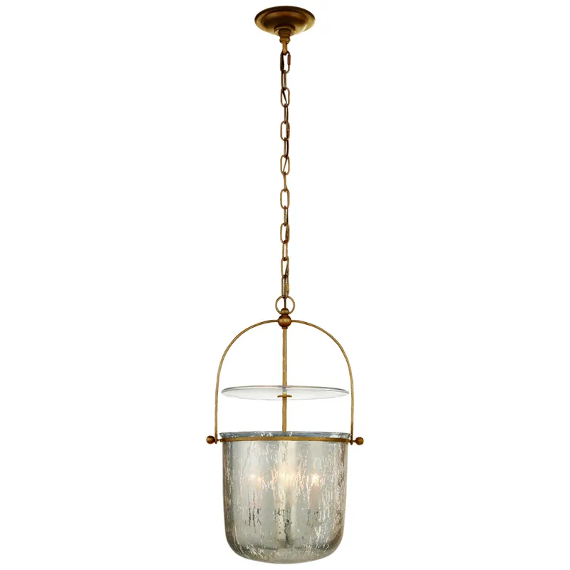 Chapman & Myers Lorford Small Smoke Bell Lantern in Gilded Iron with Antiqued Mercury Glass Ceiling Light W14"