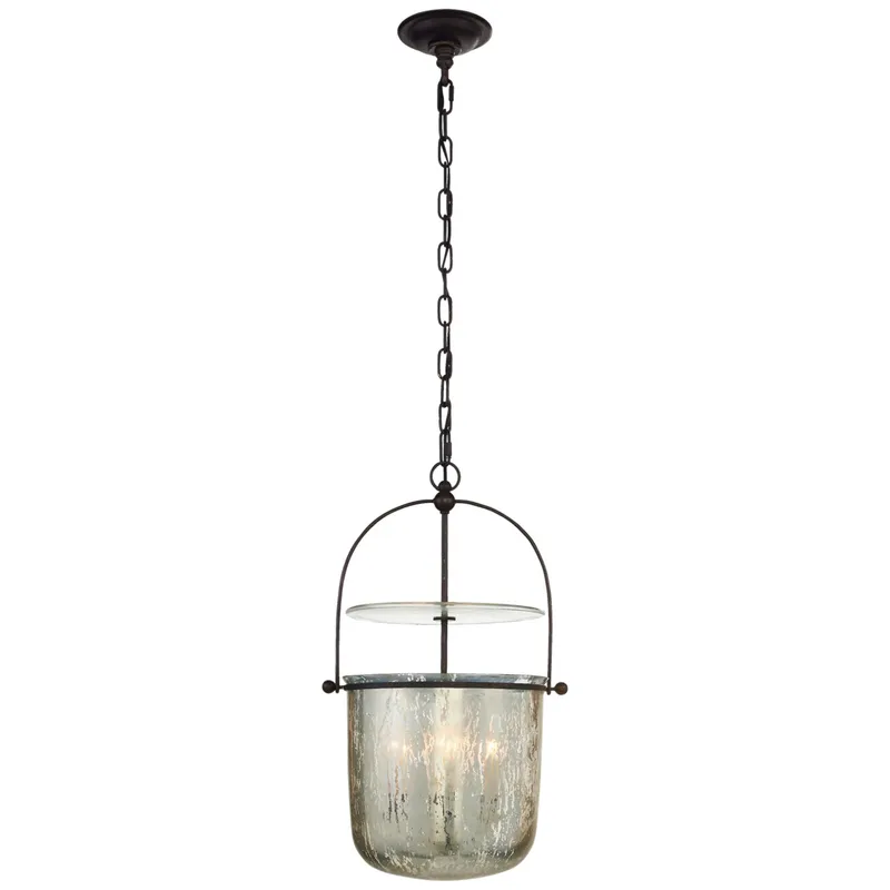 Chapman & Myers Lorford Small Smoke Bell Lantern in Aged Iron with Antiqued Mercury Glass Ceiling Light W14"
