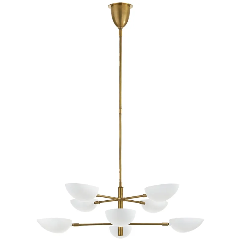 AERIN Graphic Large Two-Tier Chandelier in Hand-Rubbed Antique Brass with White Shades Ceiling Light W38"