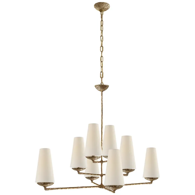 AERIN Fontaine Large Offset Chandelier in Gilded Plaster with Linen Shades Ceiling Light W39"
