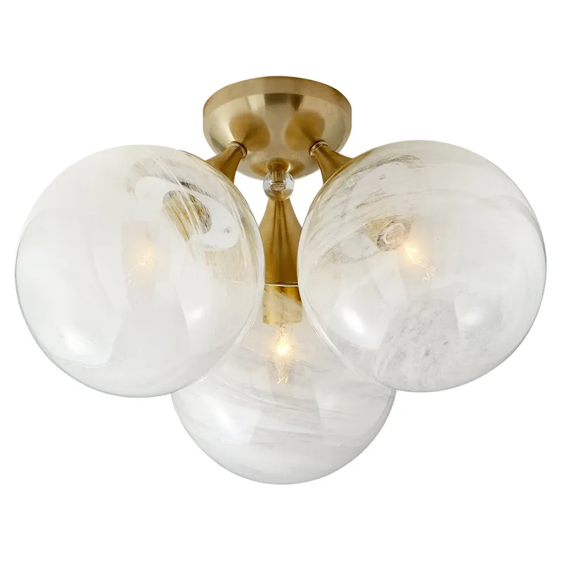 AERIN Cristol Large Triple Flush Mount in Hand-Rubbed Antique Brass with White Strie Glass Ceiling Light W15.25" x H9.75"