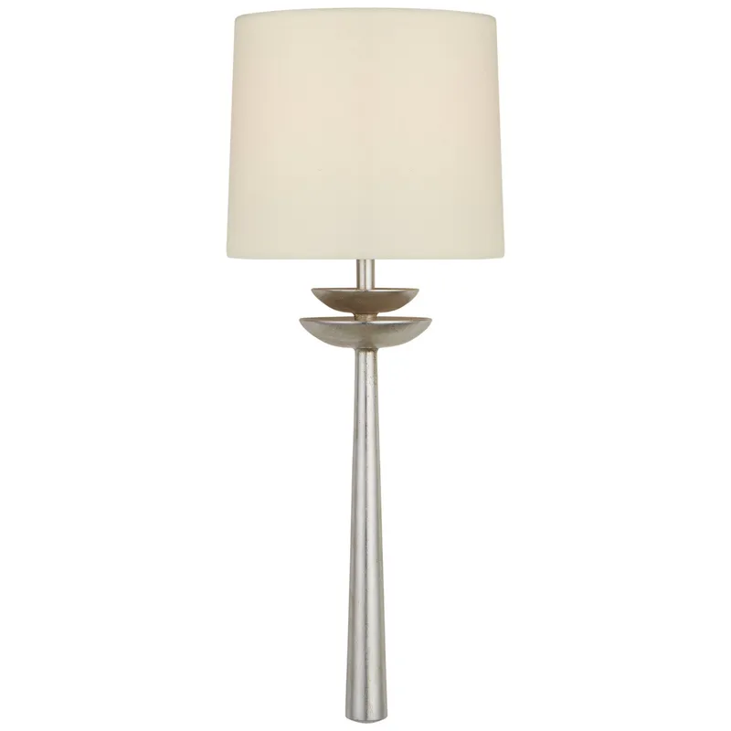 AERIN Beaumont Medium Tail Sconce in Burnished Silver Leaf with Linen Shade Wall Light W7.5" x H19"
