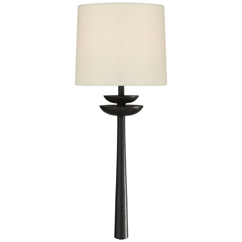 AERIN Beaumont Medium Tail Sconce in Aged Iron with Linen Shade Wall Light W7.5" x H19"