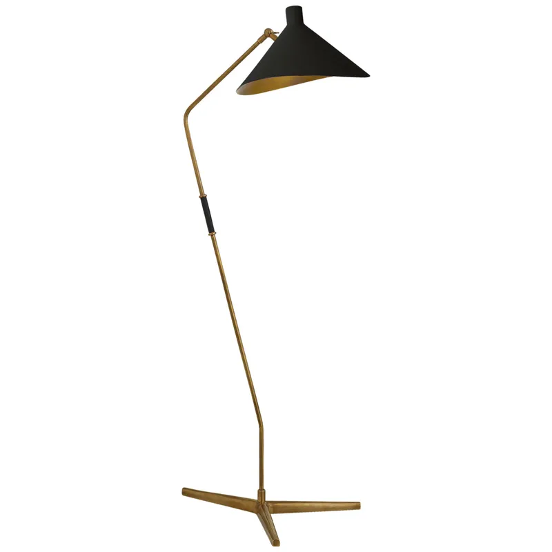 AERIN Mayotte Large Offset Floor Lamp in Hand-Rubbed Antique Brass with Black Shade W16" x H55.25"