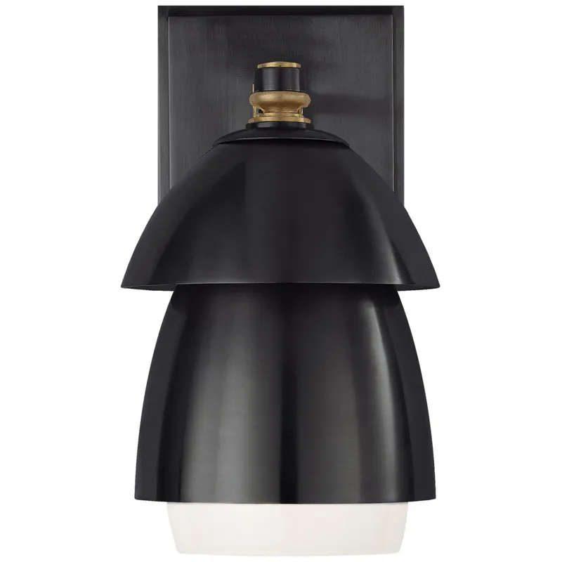 Thomas O'Brien Whitman Small Sconce in Bronze and Hand-Rubbed Antique Brass with Bronze and White Glass Shade Wall Light W4.75" x H8.5"
