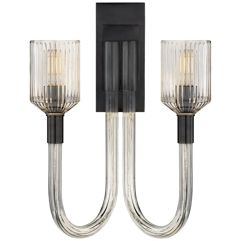 Kelly Wearstler Reverie Double Sconce in Clear Ribbed Glass and Bronze Wall Light W14" x H19"
