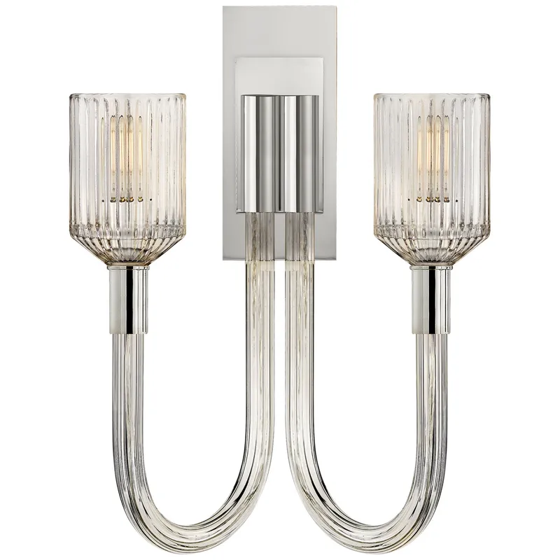 Kelly Wearstler Reverie Double Sconce in Clear Ribbed Glass and Polished Nickel Wall Light W14" x H19"