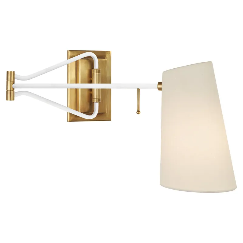 AERIN Keil Swing Arm Wall Light in Hand-Rubbed Antique Brass and White with Linen Shade W17" x H10"