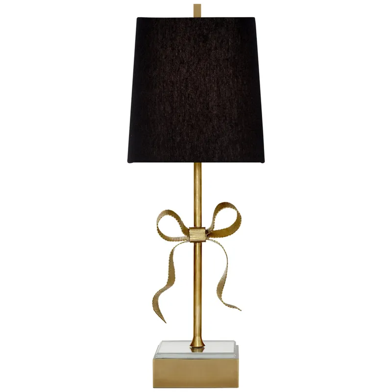 kate spade new york Ellery Gros-Grain Bow Table Lamp in Soft Brass and Mirror with Black Linen Shade W8" x H22.75"