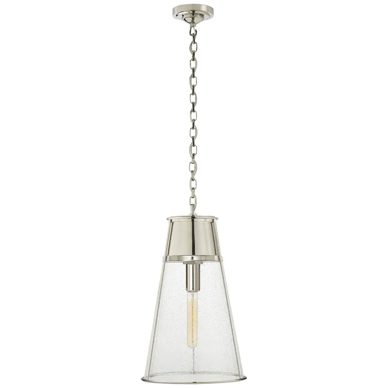 Thomas O'Brien Robinson Large Pendant in Polished Nickel with Seeded Glass Ceiling Light W11.75" x H19.5"
