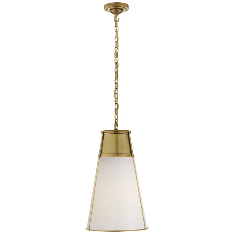 Thomas O'Brien Robinson Large Pendant in Hand-Rubbed Antique Brass with White Glass Ceiling Light W11.75" x H19.5"