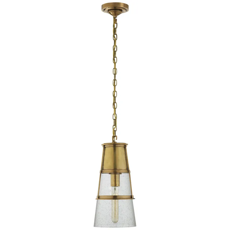 Thomas O'Brien Robinson Medium Pendant in Hand-Rubbed Antique Brass with Seeded Glass Ceiling Light W7.5" x H15"