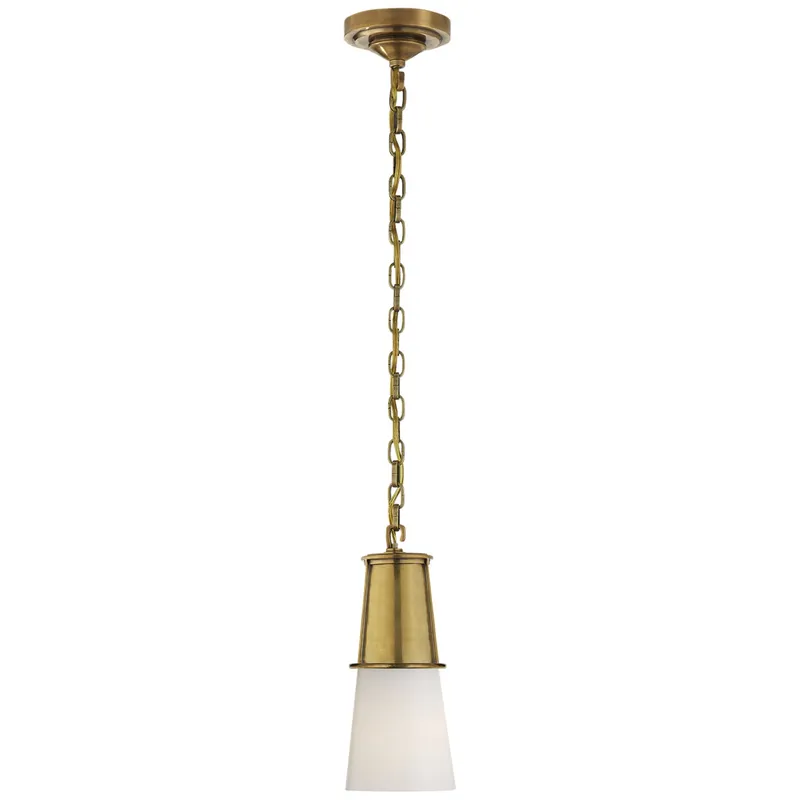 Thomas O'Brien Robinson Small Pendant in Hand-Rubbed Antique Brass with White Glass Ceiling Light W4.75" x H11.25"