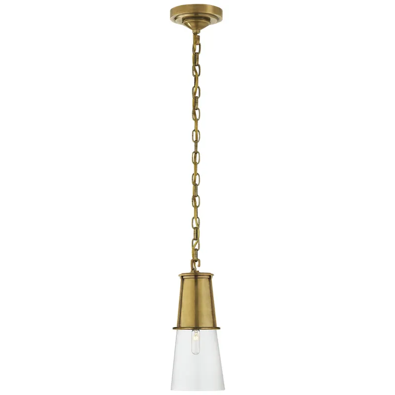 Thomas O'Brien Robinson Small Pendant in Hand-Rubbed Antique Brass with Clear Glass Ceiling Light W4.75" x H11.25"