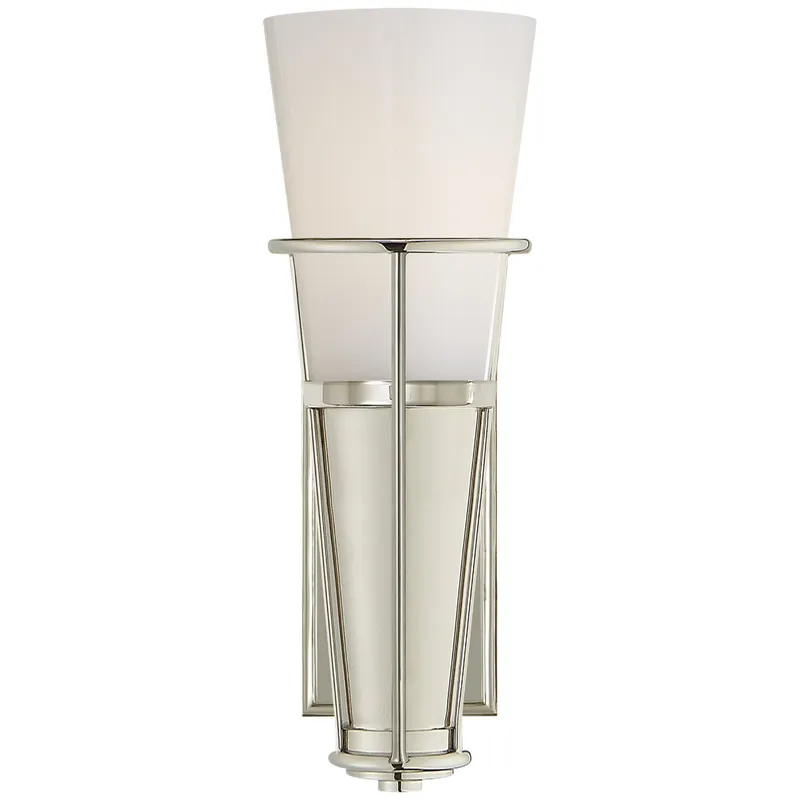 Thomas O'Brien Robinson Single Sconce in Polished Nickel with White Glass Wall Light W4.25" x H11.25"