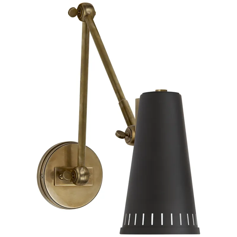 Thomas O'Brien Antonio Adjustable Two Arm Wall Lamp in Hand-Rubbed Antique Brass with Matte Black Shade Wall Light W4.5" x H8.25"