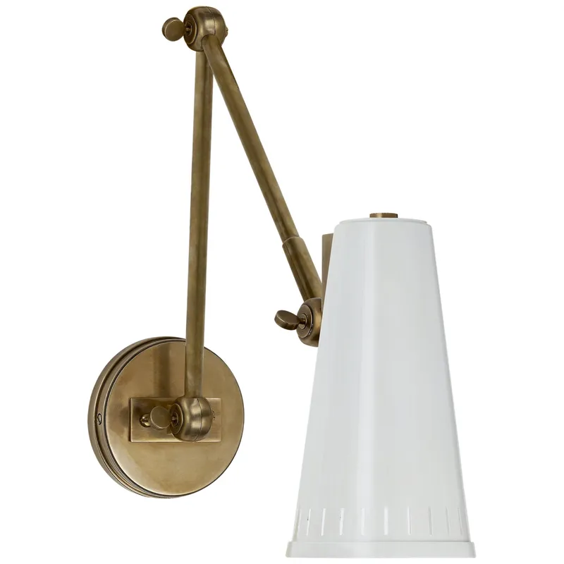Thomas O'Brien Antonio Adjustable Two Arm Wall Lamp in Hand-Rubbed Antique Brass with Antique White Shade Wall Light W4.5" x H8.25"