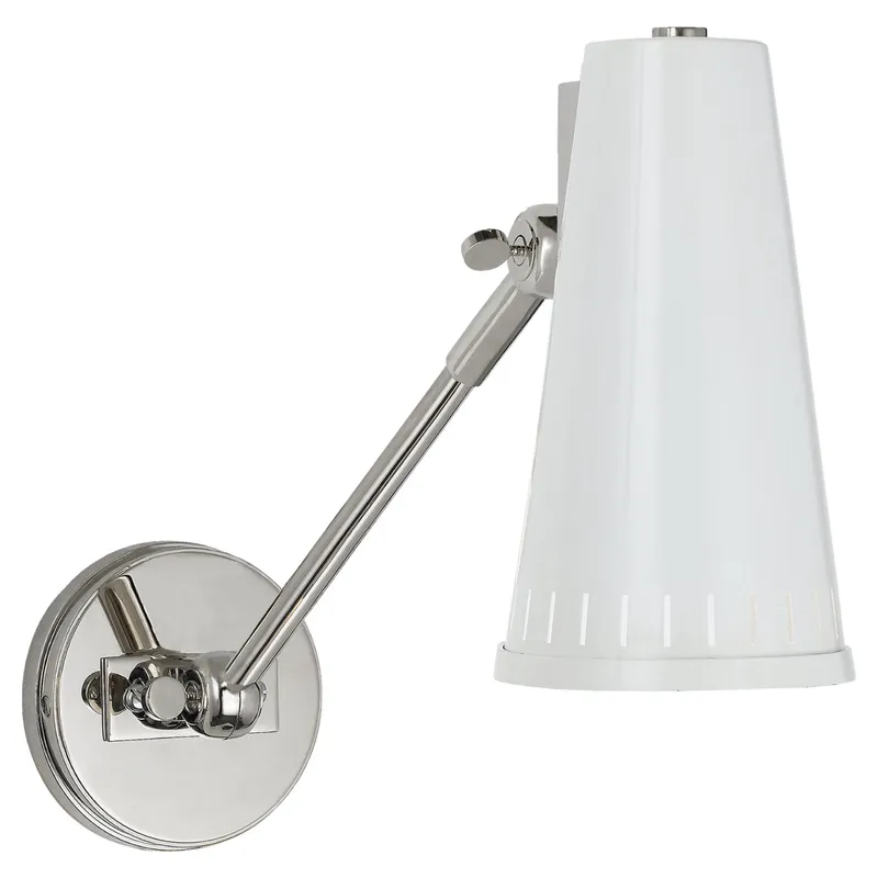 Thomas O'Brien Antonio Adjustable One Arm Wall Lamp in Polished Nickel with Antique White Shade Wall Light W4.5" x H8.25"