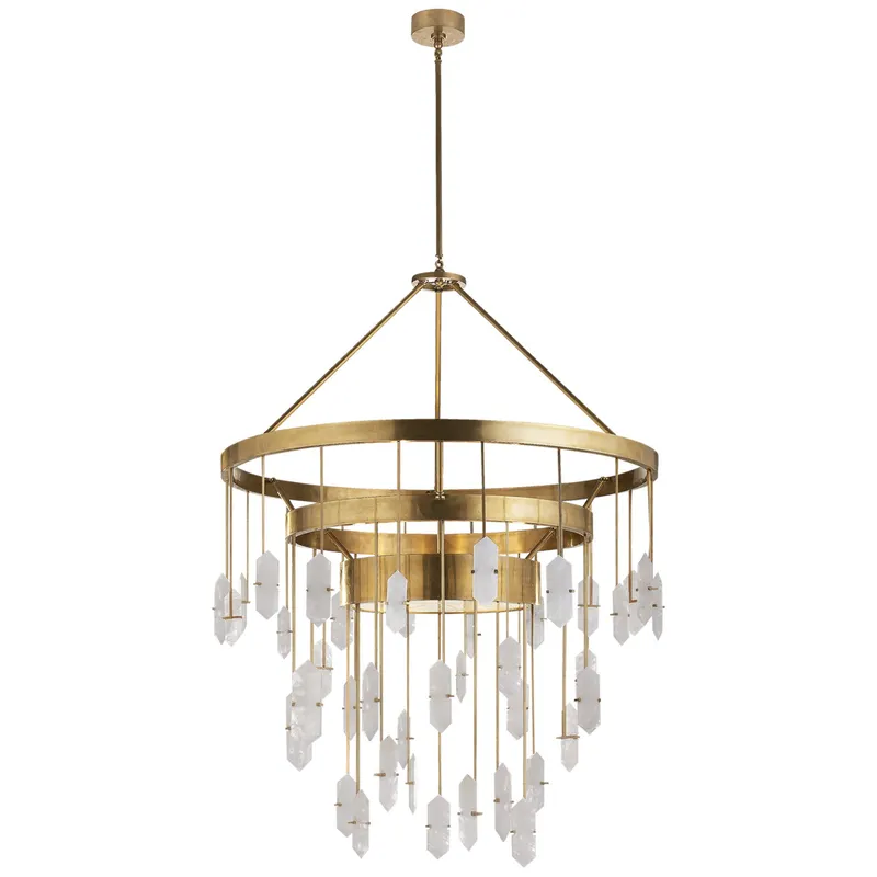 Kelly Wearstler Halcyon Large Three Tier Chandelier in Antique-Burnished Brass with Quartz Ceiling Light W36"